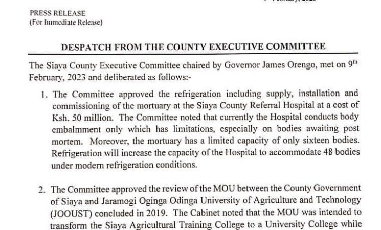 Press Release : Siaya County Executive Committee Resolutions 9th February