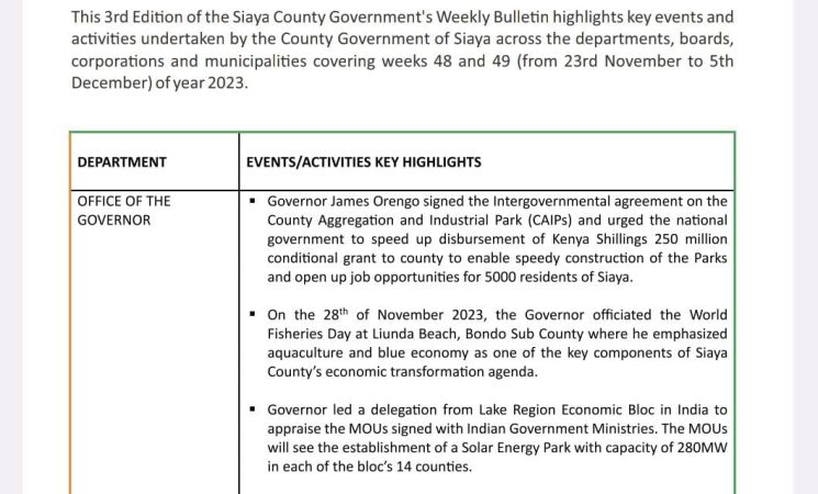 3rd Edition of the Siaya County Government's Weekly Bulletin