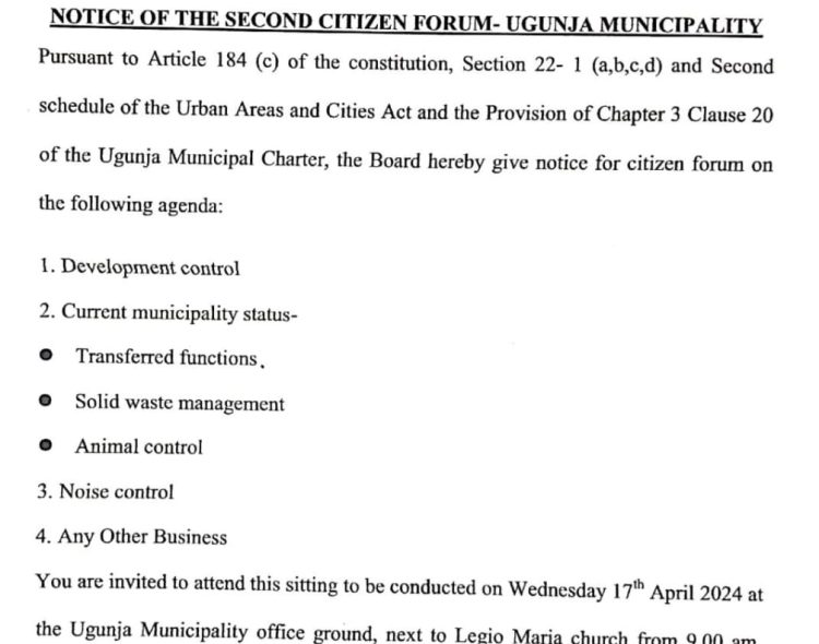 Notice of the Second citizen Forum-Ugunja Municipality