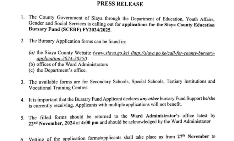 Call for Application for Siaya County Education Bursary Fund FY 2024/2025