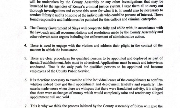 GOVERNOR JAMES ORENGO ADDRESSES THE ONGOING HEALTH WORKERS EMPLOYMENT SAGA IN A PRESS STATEMENT