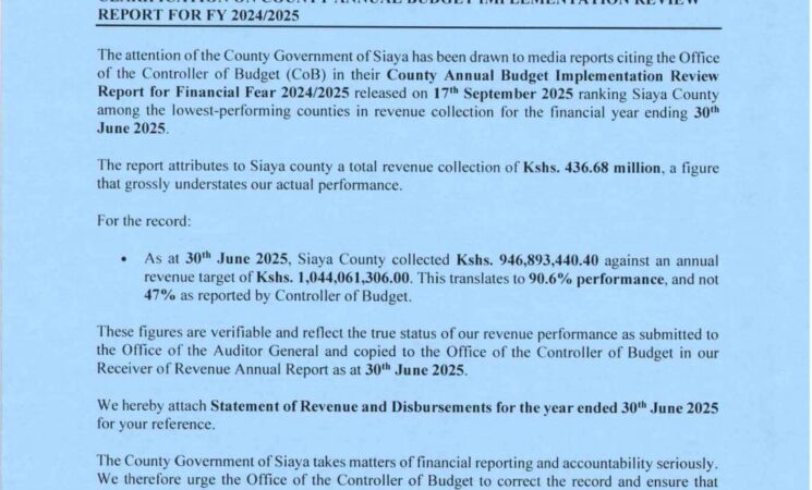 CLARIFICATION ON COUNTY ANNUAL BUDGET IMPLEMENTATION REVIEW REPORT FOR FY 2024/2025