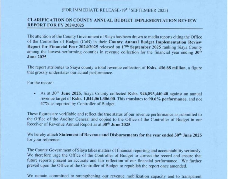 CLARIFICATION ON COUNTY ANNUAL BUDGET IMPLEMENTATION REVIEW REPORT FOR FY 2024/2025