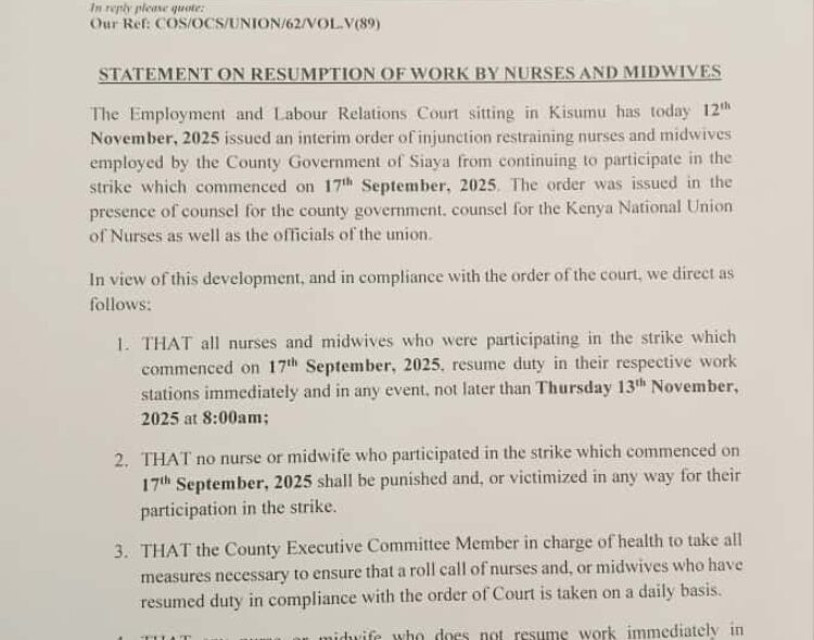 STATEMENT ON RESUMPTION OF WORK BY NURSES AND MIDWIVES