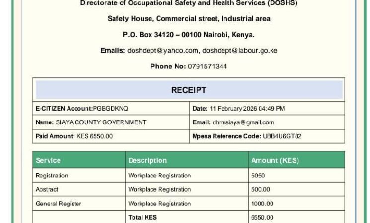 County Government of Siaya is now formally registered as a work place under Directorate of Occupation, Safety and Health