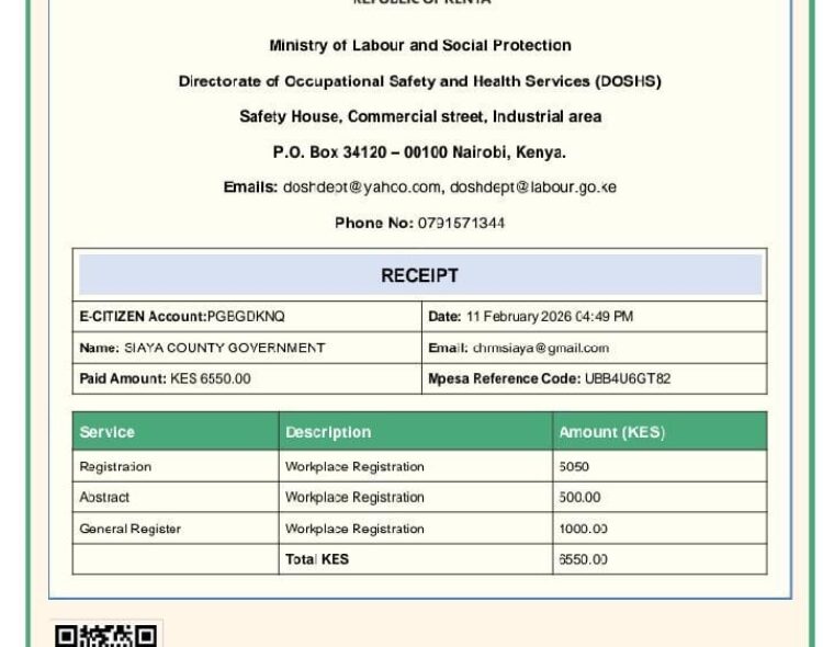County Government of Siaya is now formally registered as a work place under Directorate of Occupation, Safety and Health