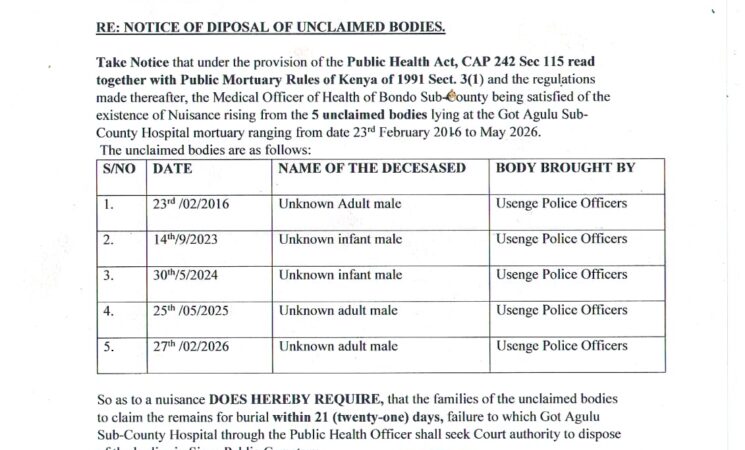 NOTICE OF DISPOSAL OF UNCLAIMED BODIES
