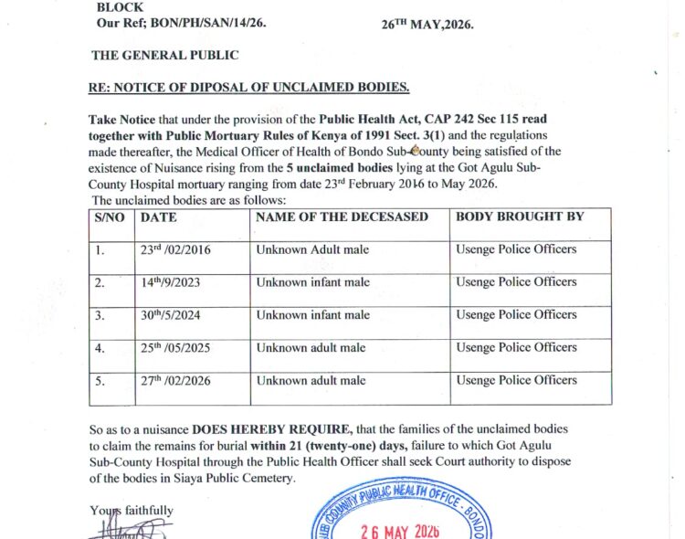 NOTICE OF DISPOSAL OF UNCLAIMED BODIES