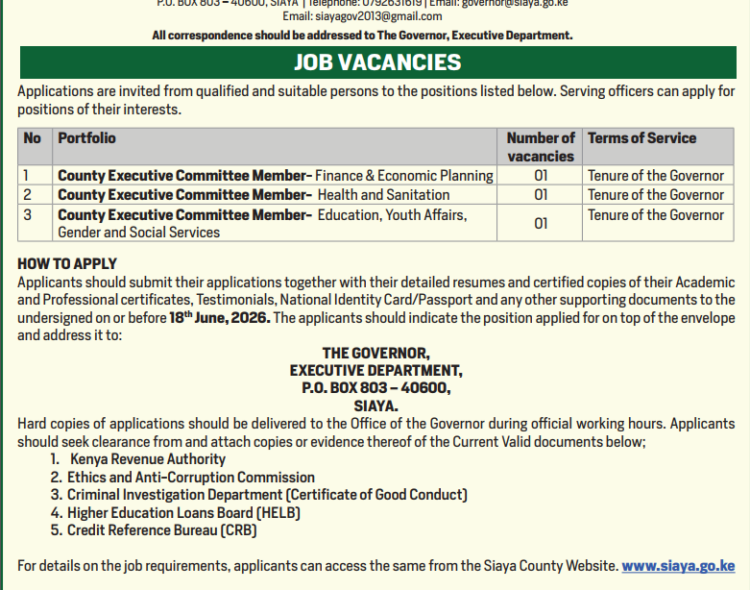Declaration of Vacancies For The Position of County Executive Committee Members (CECMs) In The Office Of The Governor