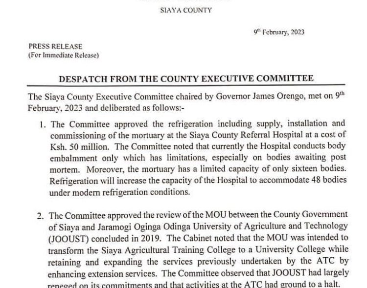 Press Release : Siaya County Executive Committee Resolutions 9th February