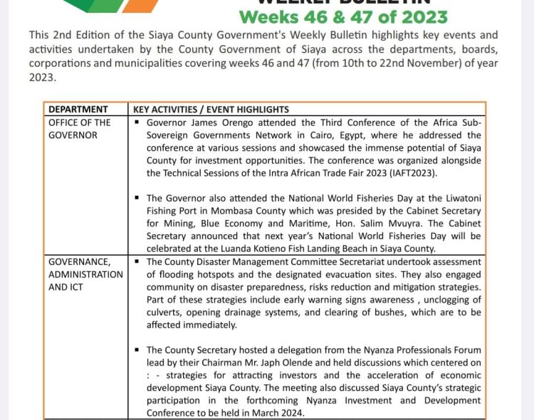 2nd Edition of the Siaya County Government's Weekly Bulletin
