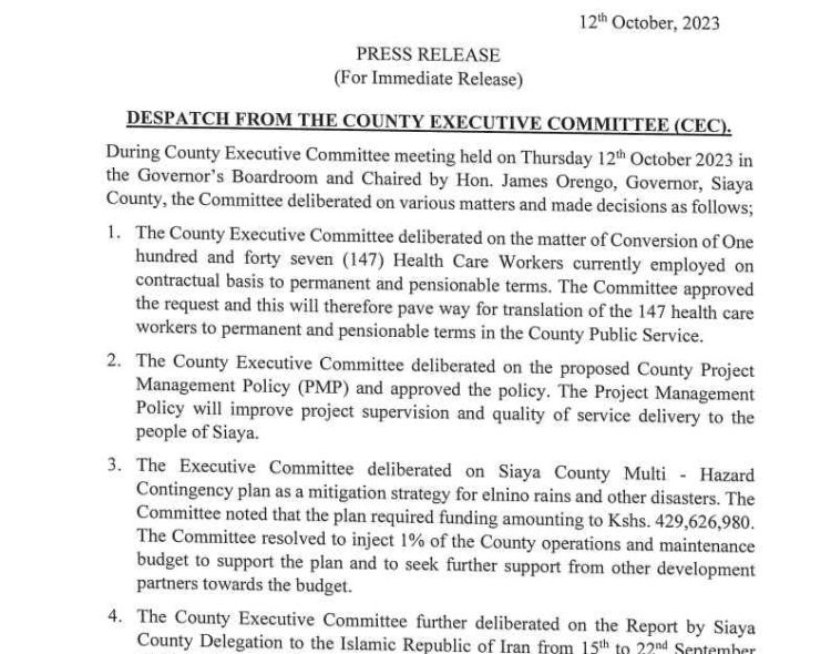 Despatch From The County Executive Committee Dated 12th October 2023