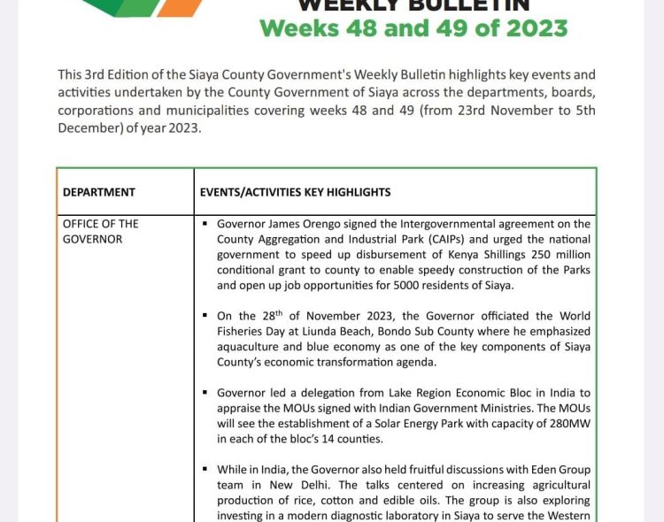 3rd Edition of the Siaya County Government's Weekly Bulletin