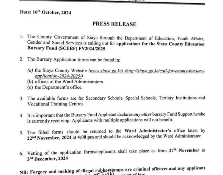 Call for Application for Siaya County Education Bursary Fund FY 2024/2025