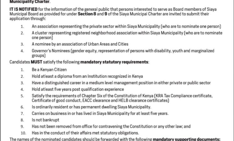 Application For Nomination of Members for Appointment To The Siaya Municipal Board