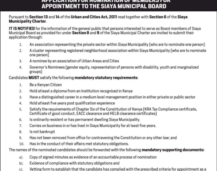 Application For Nomination of Members for Appointment To The Siaya Municipal Board