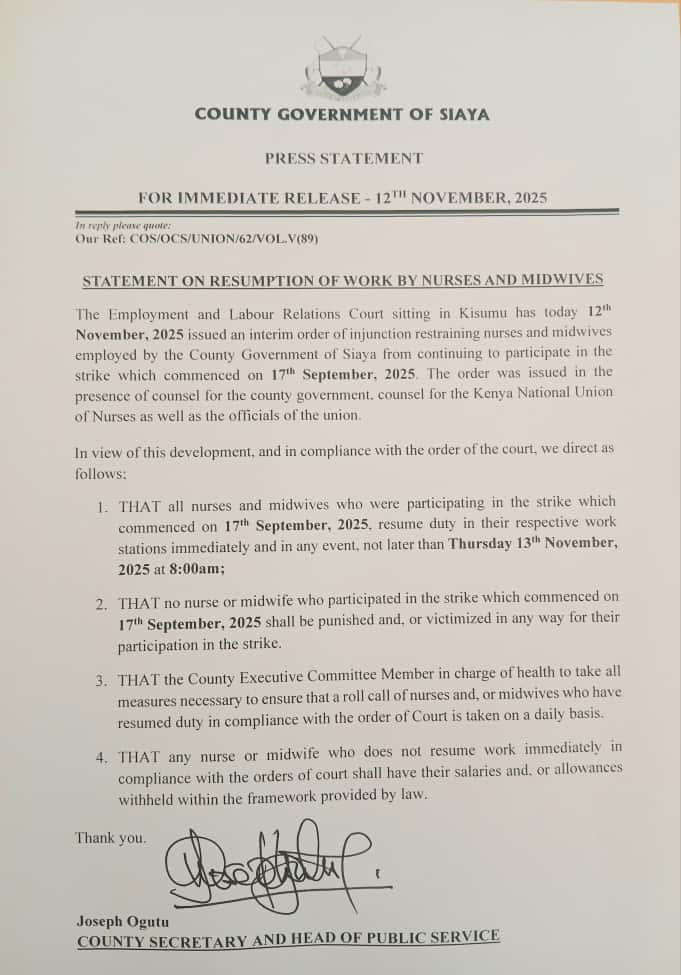 STATEMENT ON RESUMPTION OF WORK BY NURSES AND MIDWIVES