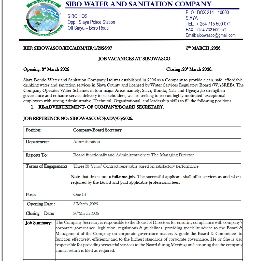 Job Vacancies at SIBOWASCO