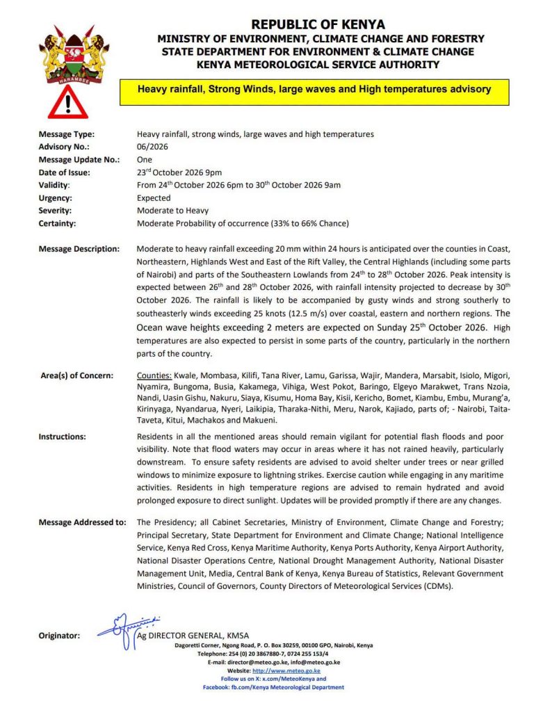 HEAVY RAINFALL ADVISORY: SIAYA AMONG 44 COUNTIES TO RECEIVE MODERATE TO HEAVY RAINFALL